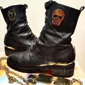SKULL SZ 7 1/2  LACE/ZIP UP MOTORCYCLE COMBAT BOOTS LN